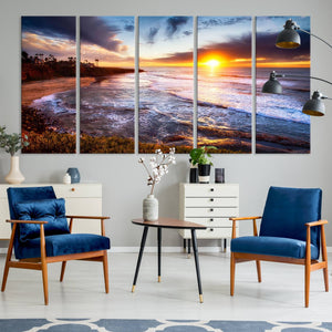 California Coastline Sunset Canvas Art for Beach House Decor