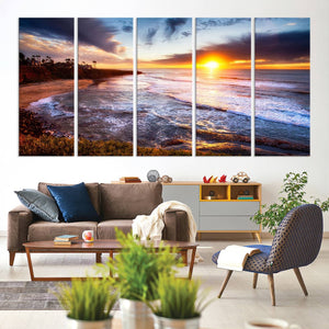 California Coastline Sunset Canvas Art for Beach House Decor