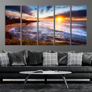 California Coastline Sunset Canvas Art for Beach House Decor