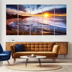 California Coastline Sunset Canvas Art for Beach House Decor