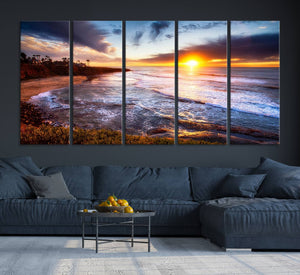 California Coastline Sunset Canvas Art for Beach House Decor