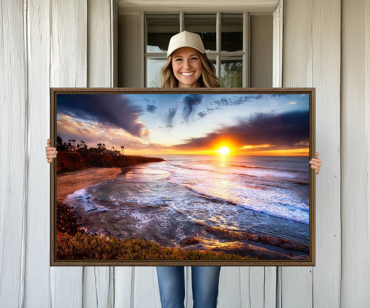 California Coastline Sunset Canvas Art for Beach House Decor