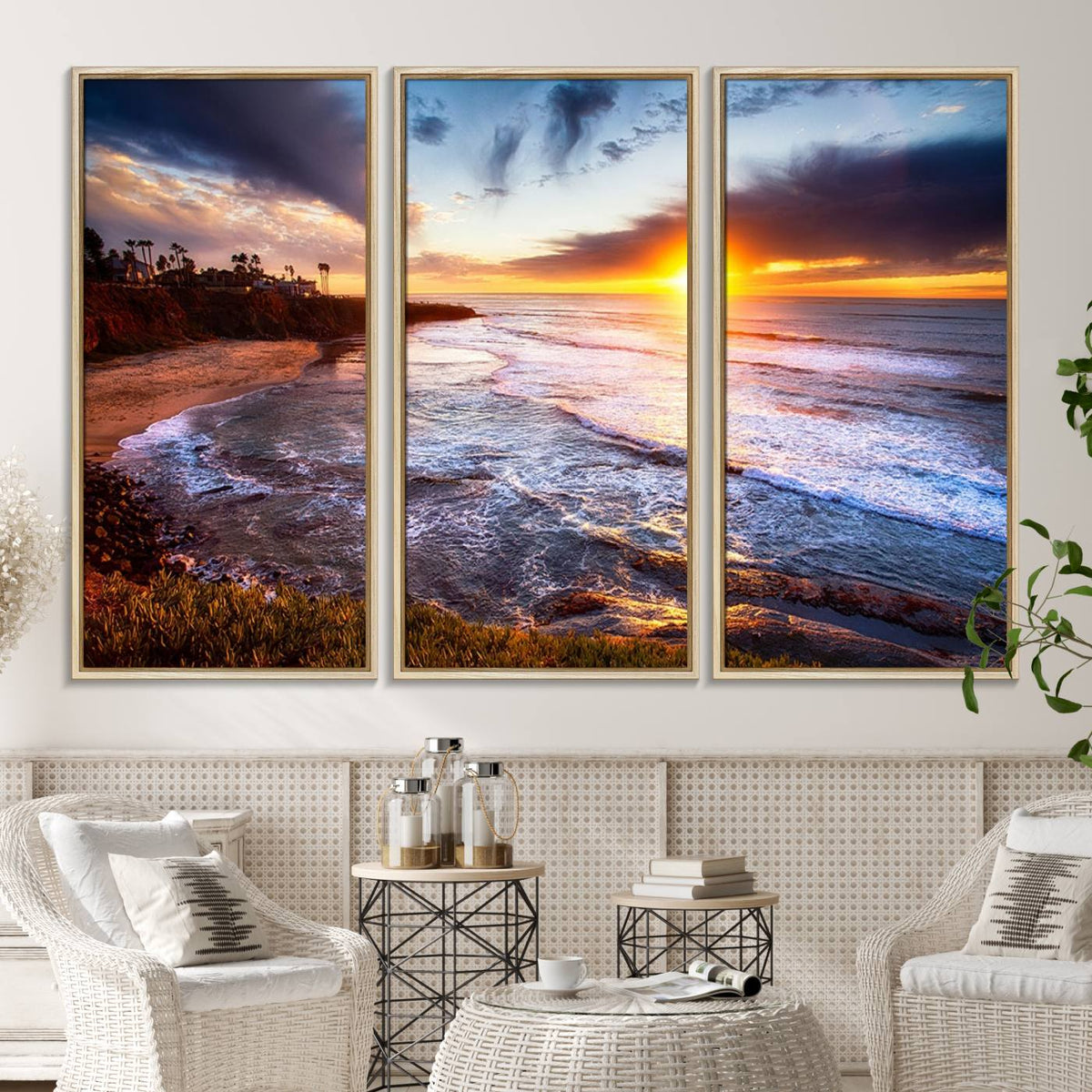 California Coastline Sunset Canvas Art for Beach House Decor