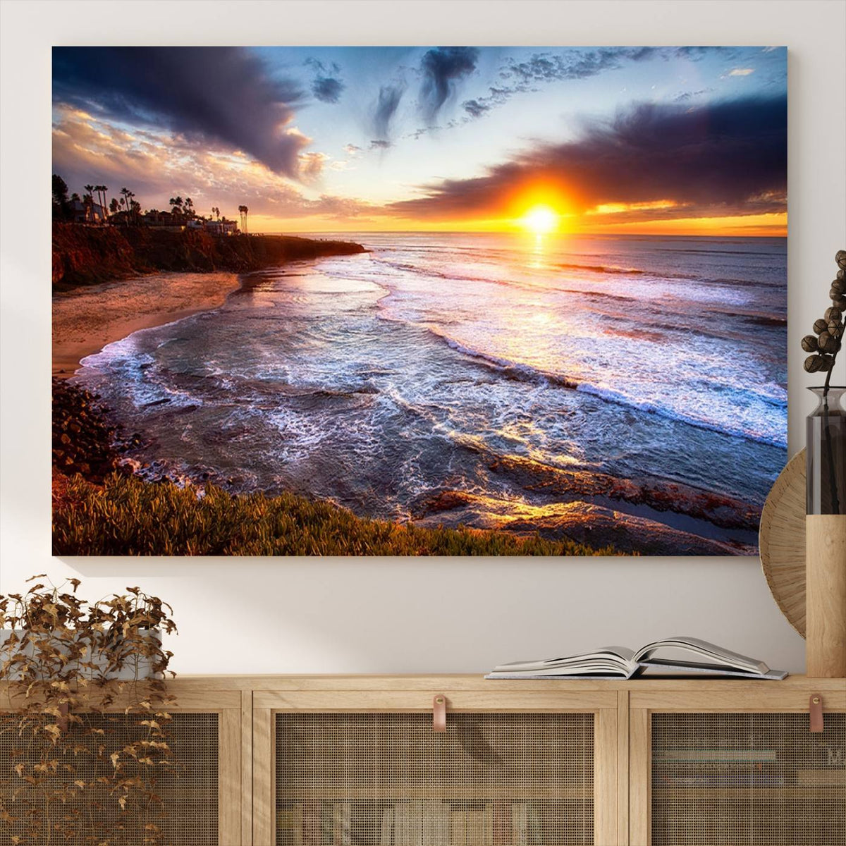 California Coastline Sunset Canvas Art for Beach House Decor