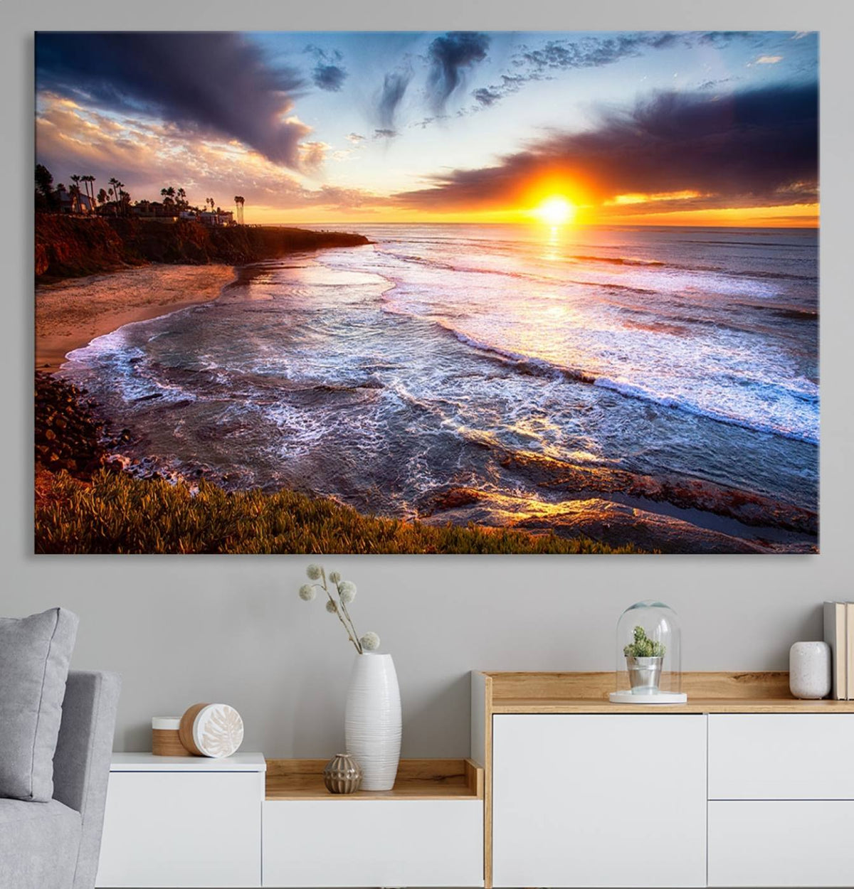 California Coastline Sunset Canvas Art for Beach House Decor