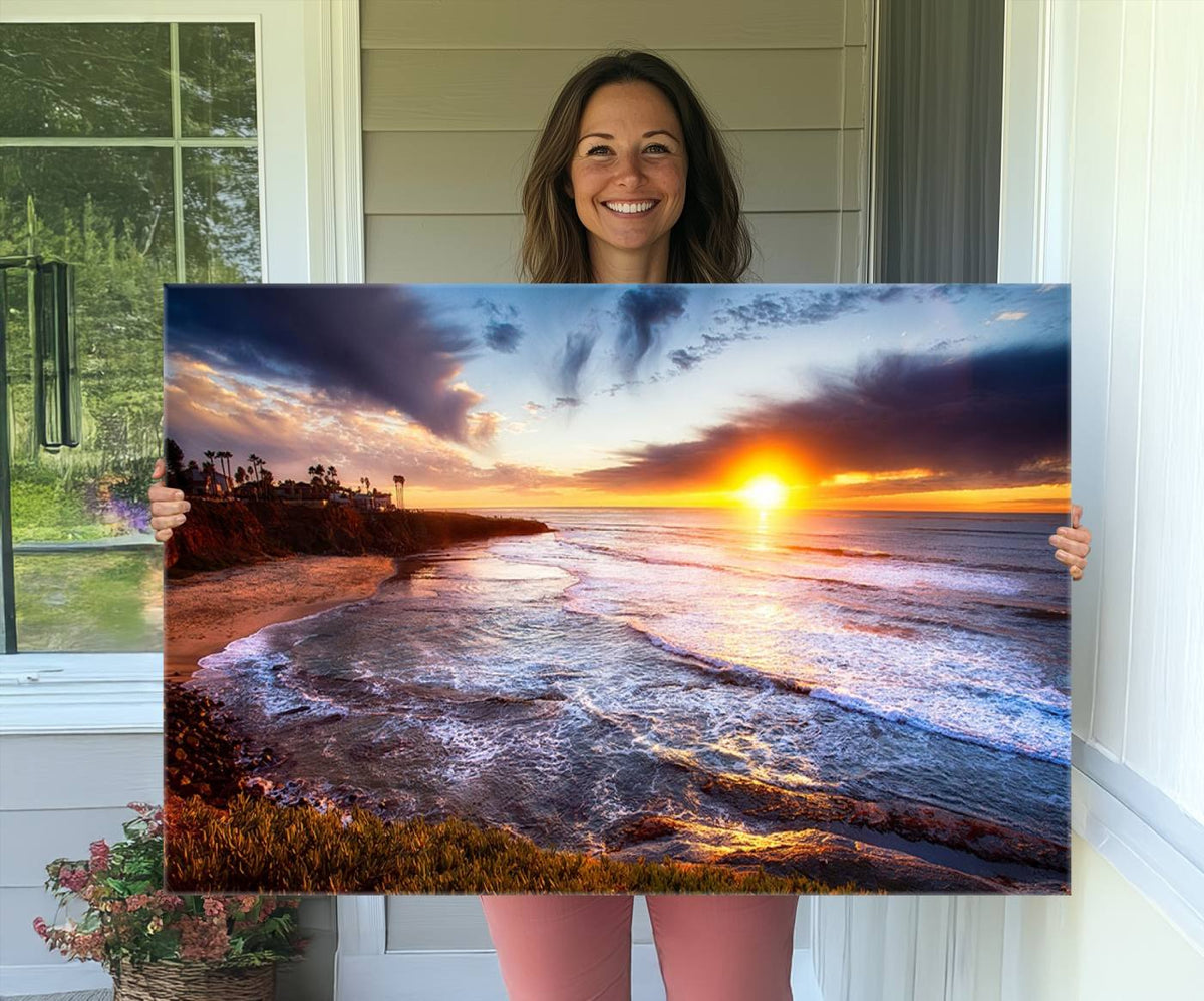 California Coastline Sunset Canvas Art for Beach House Decor