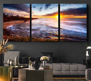 California Coastline Sunset Canvas Art for Beach House Decor