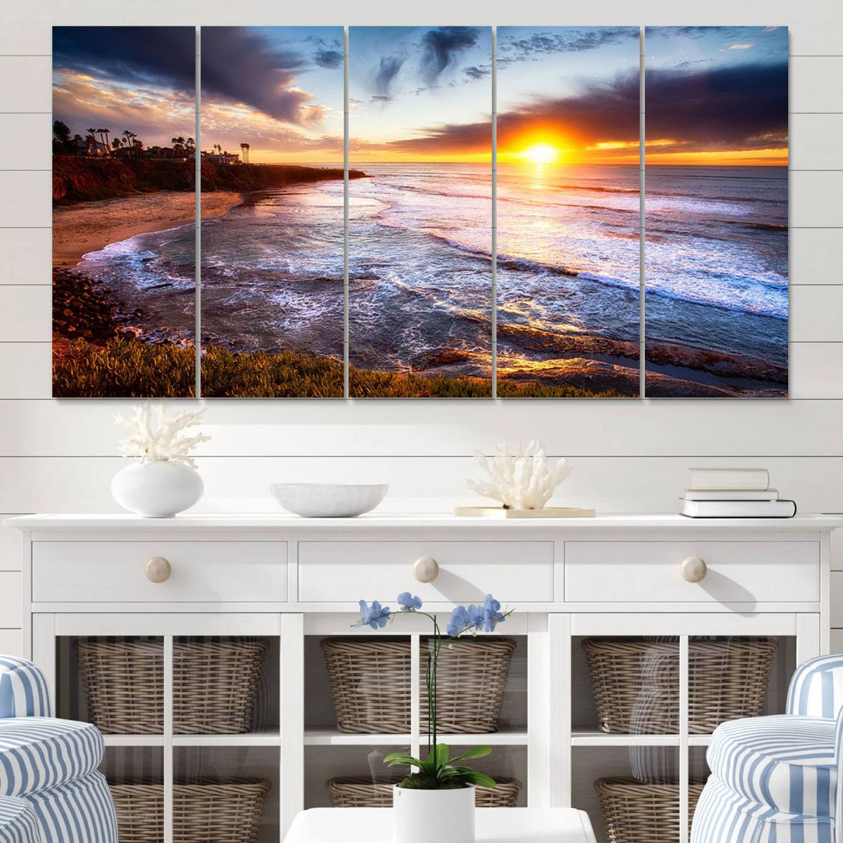 California Coastline Sunset Canvas Art for Beach House Decor