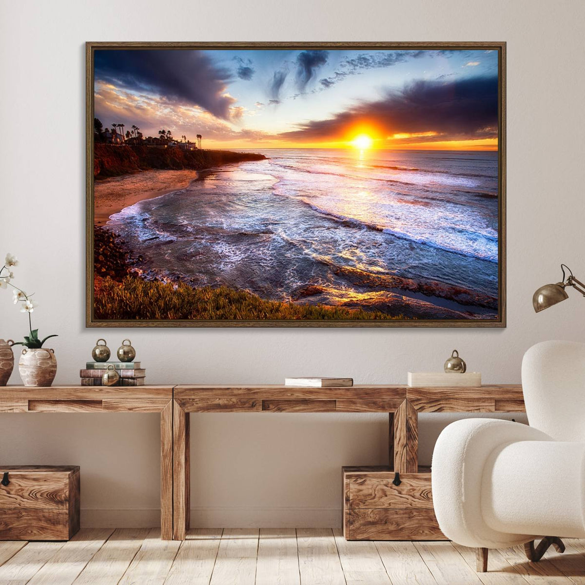California Coastline Sunset Canvas Art for Beach House Decor