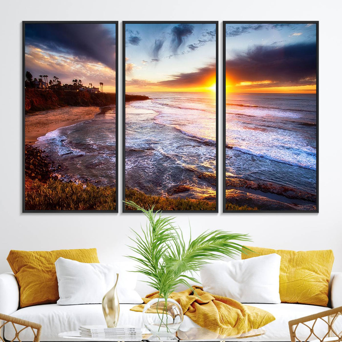 California Coastline Sunset Canvas Art for Beach House Decor