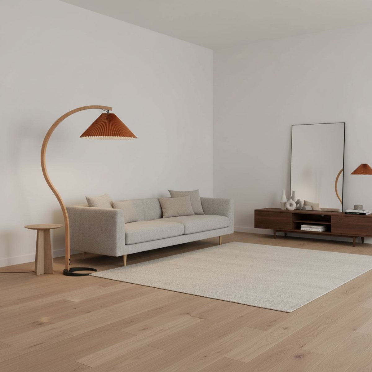 Arbora | Arc Floor Lamp with Beech Wood and Pleated Shade | Plug In Lamp for Living Room