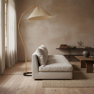 Arbora | Arc Floor Lamp with Beech Wood and Pleated Shade | Plug In Lamp for Living Room