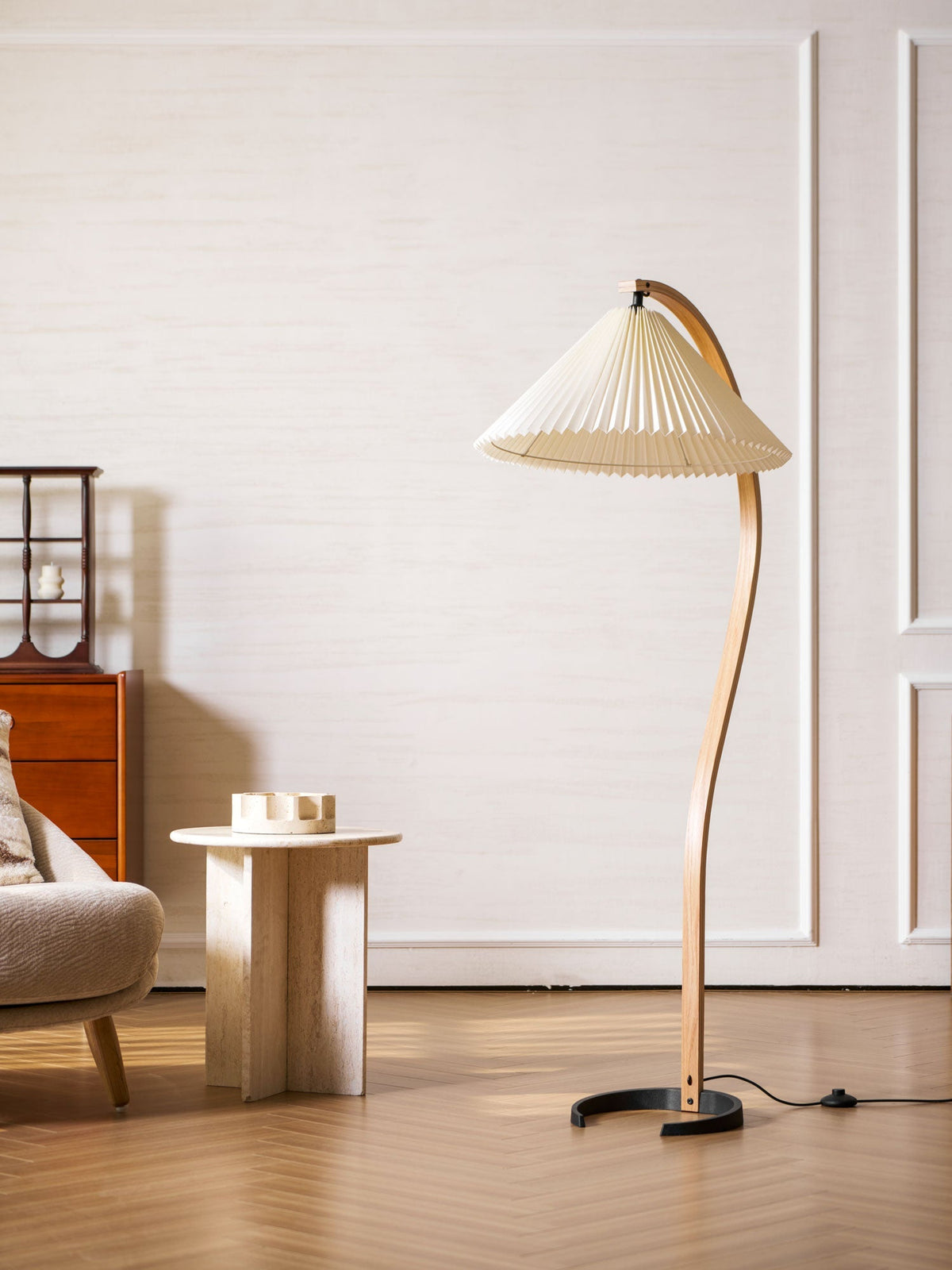 Arbora | Arc Floor Lamp with Beech Wood and Pleated Shade | Plug In Lamp for Living Room