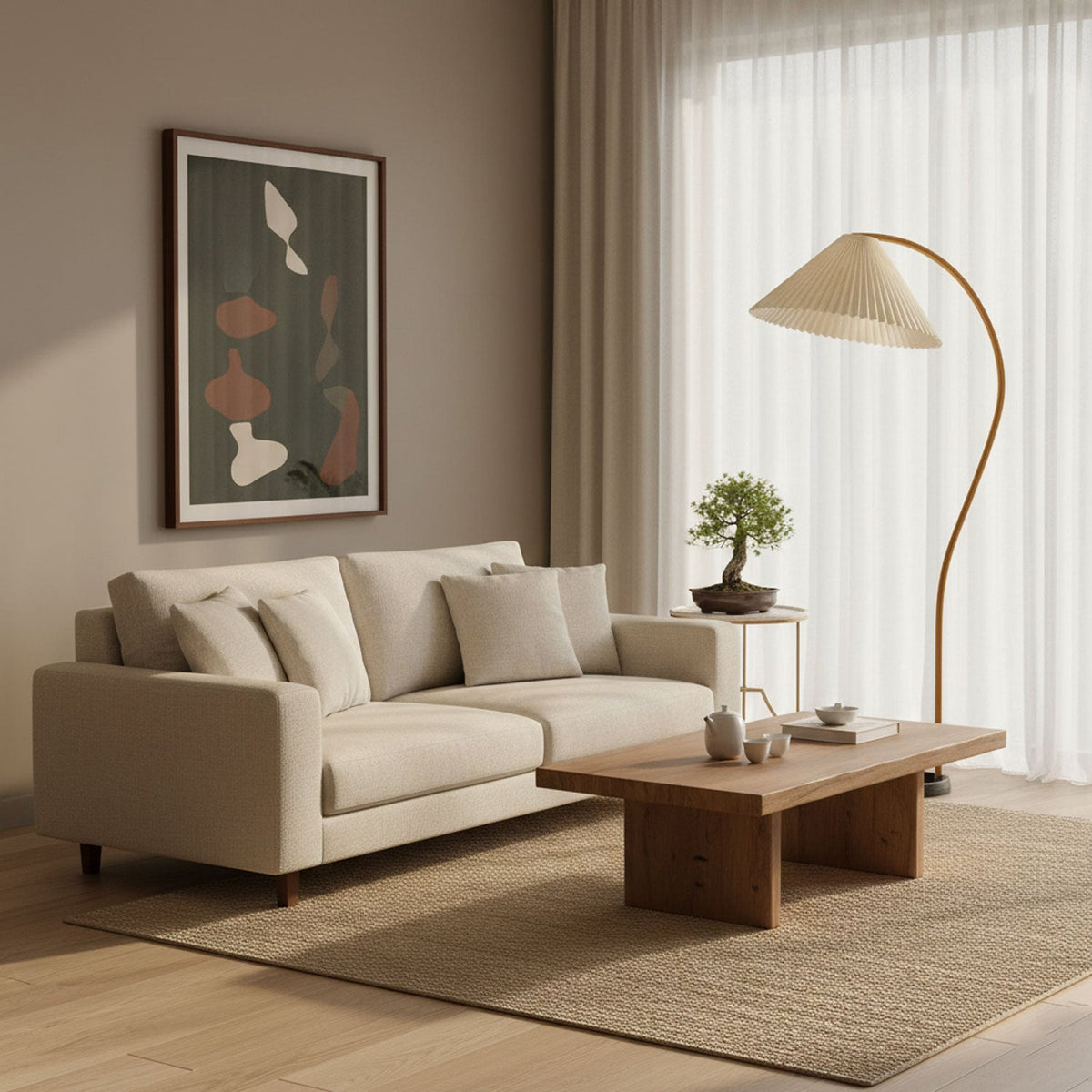 Arbora | Arc Floor Lamp with Beech Wood and Pleated Shade | Plug In Lamp for Living Room