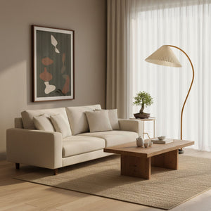 Arbora | Arc Floor Lamp with Beech Wood and Pleated Shade | Plug In Lamp for Living Room