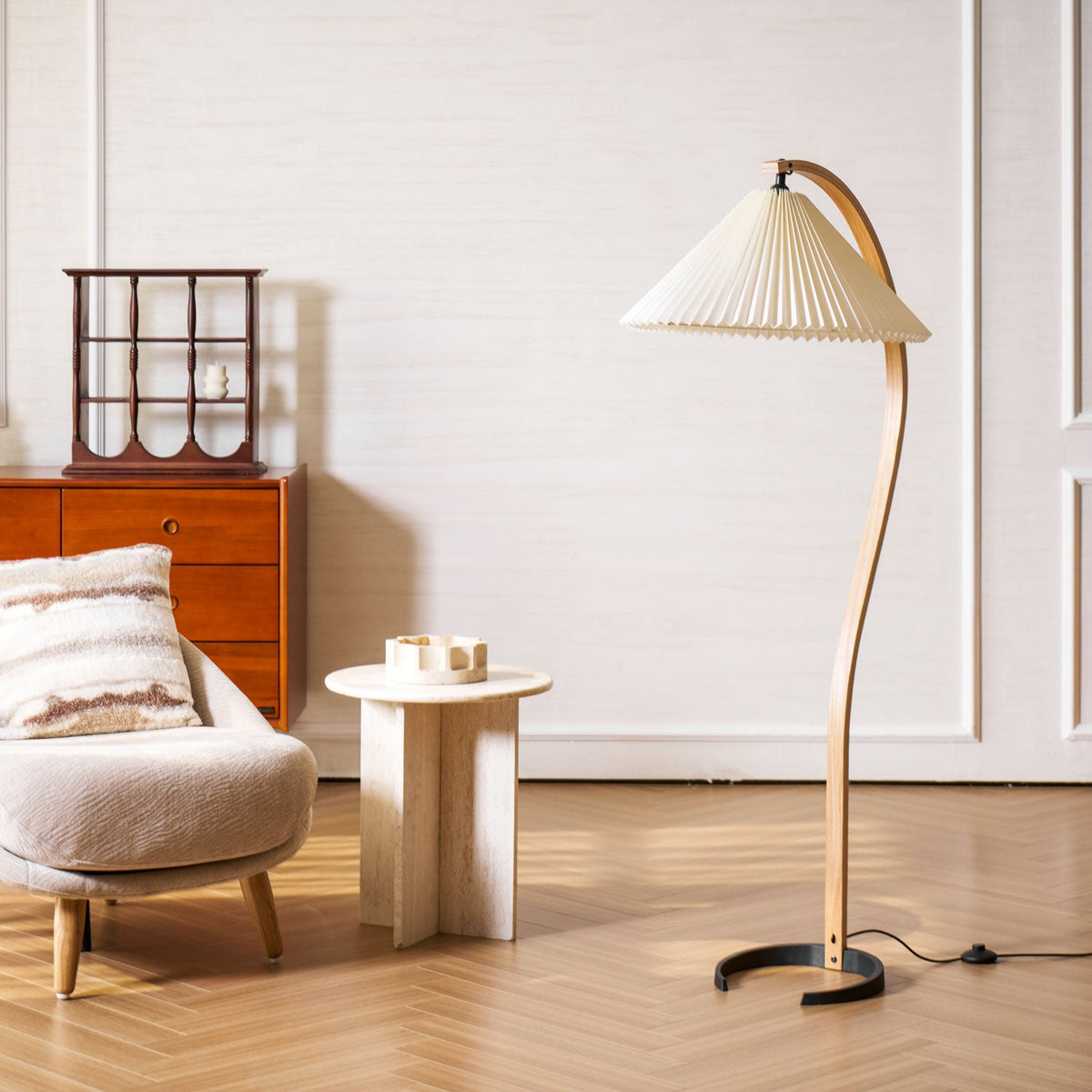 Arbora | Arc Floor Lamp with Beech Wood and Pleated Shade | Plug In Lamp for Living Room