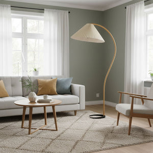 Arbora | Arc Floor Lamp with Beech Wood and Pleated Shade | Plug In Lamp for Living Room