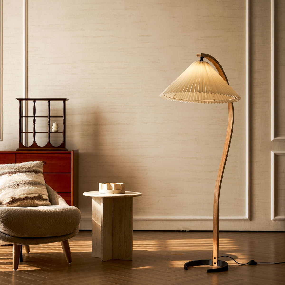 Arbora | Arc Floor Lamp with Beech Wood and Pleated Shade | Plug In Lamp for Living Room