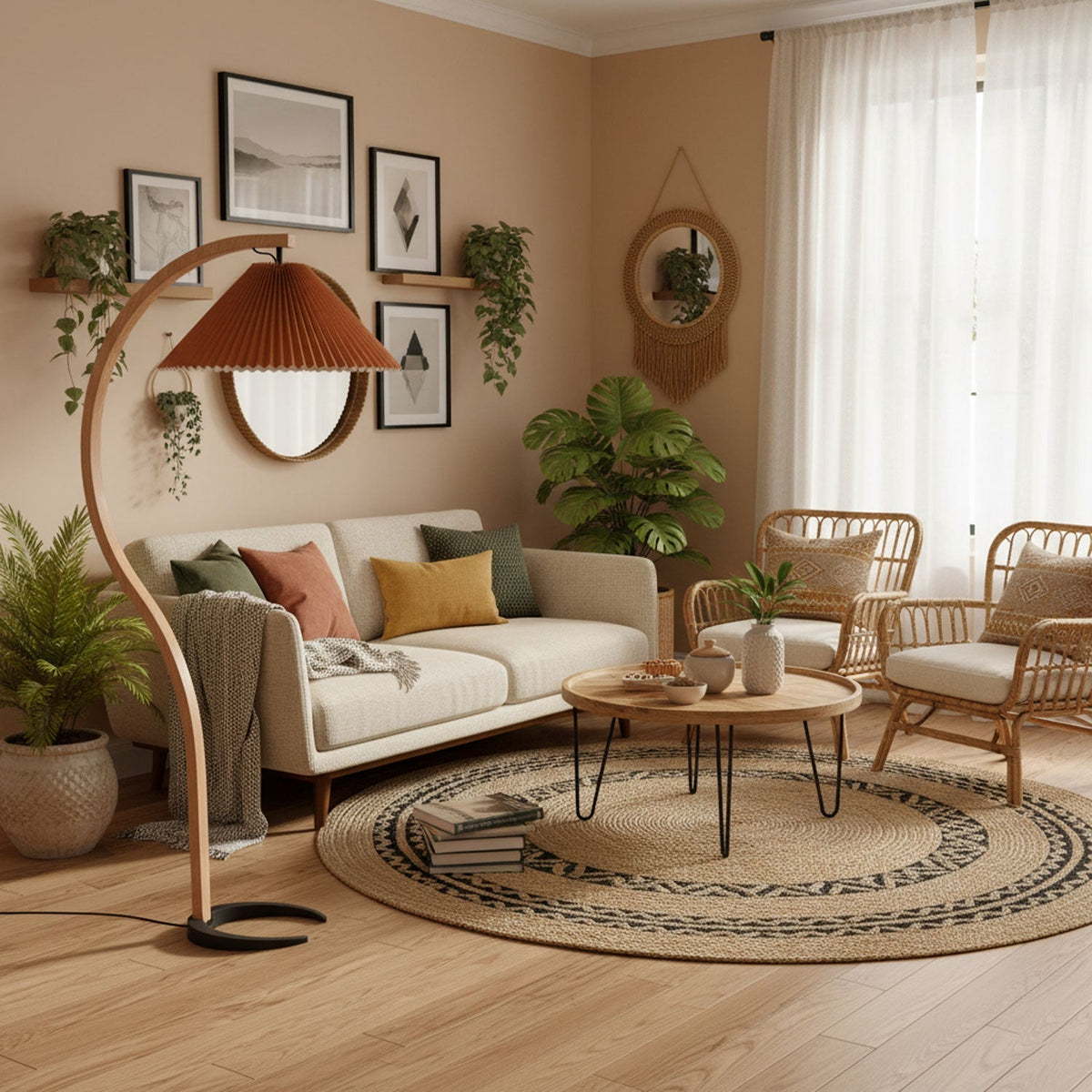 Arbora | Arc Floor Lamp with Beech Wood and Pleated Shade | Plug In Lamp for Living Room