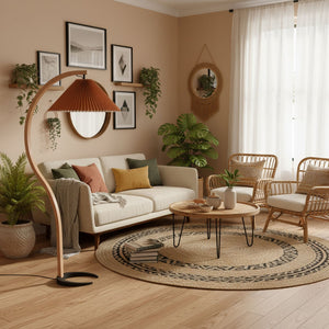 Arbora | Arc Floor Lamp with Beech Wood and Pleated Shade | Plug In Lamp for Living Room