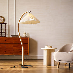 Arbora | Arc Floor Lamp with Beech Wood and Pleated Shade | Plug In Lamp for Living Room
