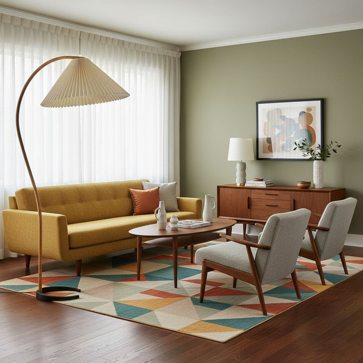 Arbora | Arc Floor Lamp with Beech Wood and Pleated Shade | Plug In Lamp for Living Room