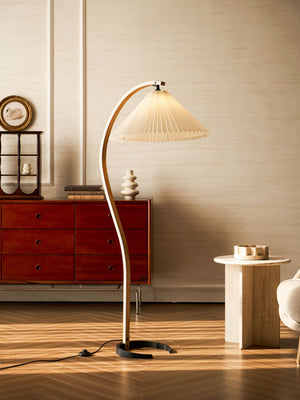 Arbora | Arc Floor Lamp with Beech Wood and Pleated Shade | Plug In Lamp for Living Room