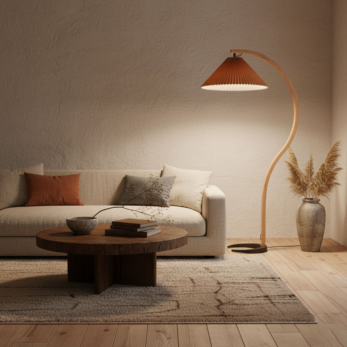 Arbora | Arc Floor Lamp with Beech Wood and Pleated Shade | Plug In Lamp for Living Room