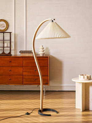Arbora | Arc Floor Lamp with Beech Wood and Pleated Shade | Plug In Lamp for Living Room