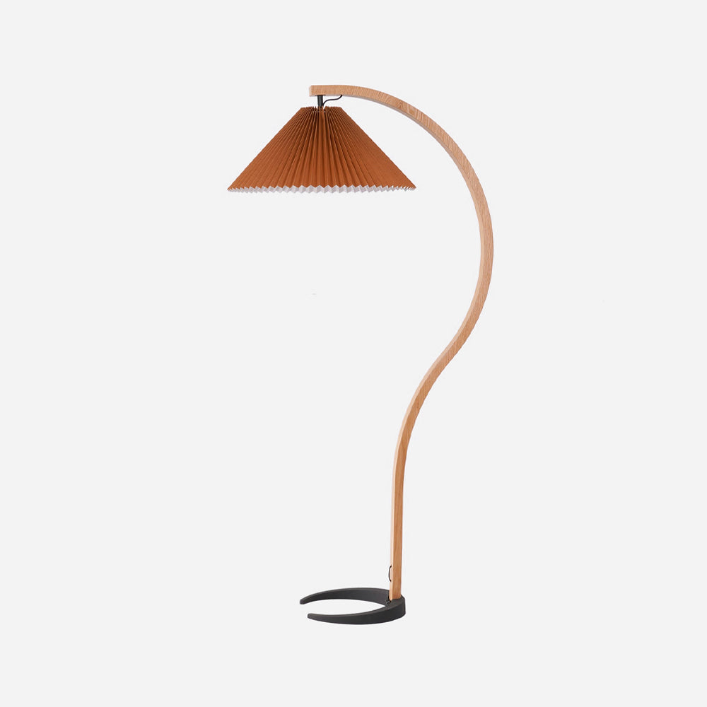 Arbora | Arc Floor Lamp with Beech Wood and Pleated Shade | Plug In Lamp for Living Room