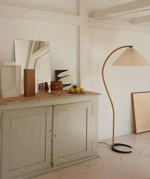 Arbora | Arc Floor Lamp with Beech Wood and Pleated Shade | Plug In Lamp for Living Room