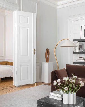Arbora | Arc Floor Lamp with Beech Wood and Pleated Shade | Plug In Lamp for Living Room