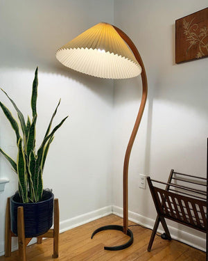 Arbora | Arc Floor Lamp with Beech Wood and Pleated Shade | Plug In Lamp for Living Room