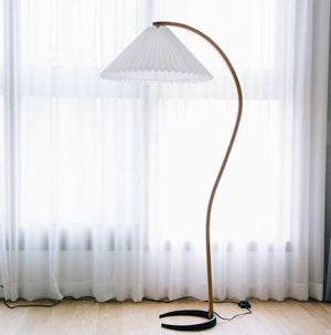 Arbora | Arc Floor Lamp with Beech Wood and Pleated Shade | Plug In Lamp for Living Room