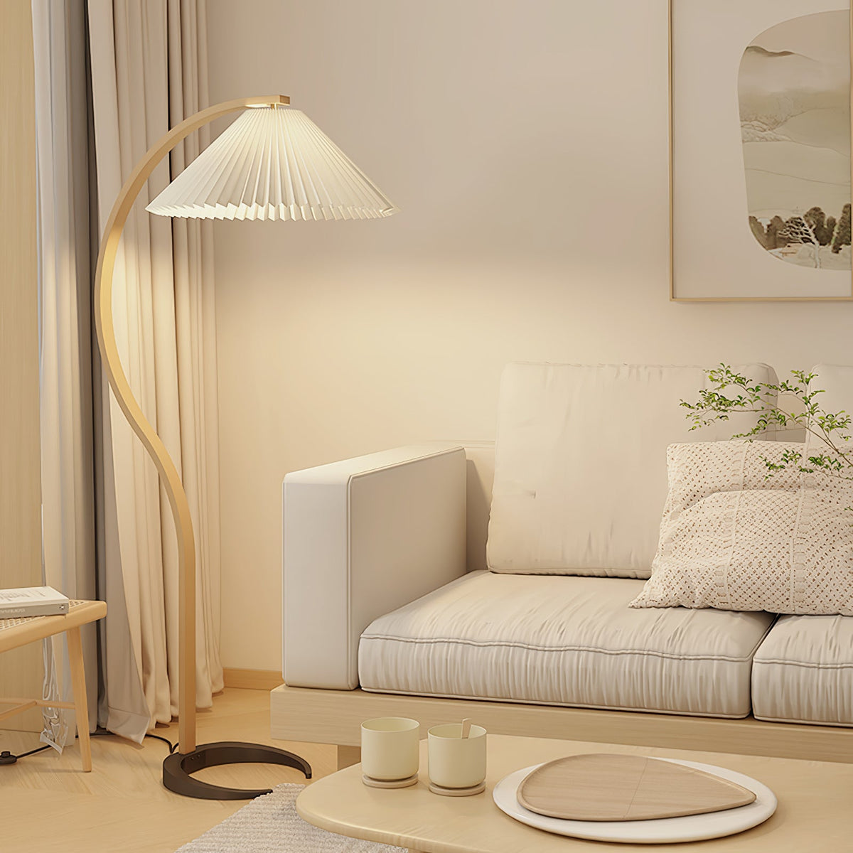 Arbora | Arc Floor Lamp with Beech Wood and Pleated Shade | Plug In Lamp for Living Room