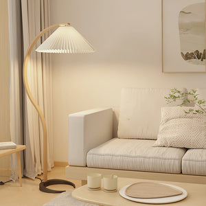 Arbora | Arc Floor Lamp with Beech Wood and Pleated Shade | Plug In Lamp for Living Room