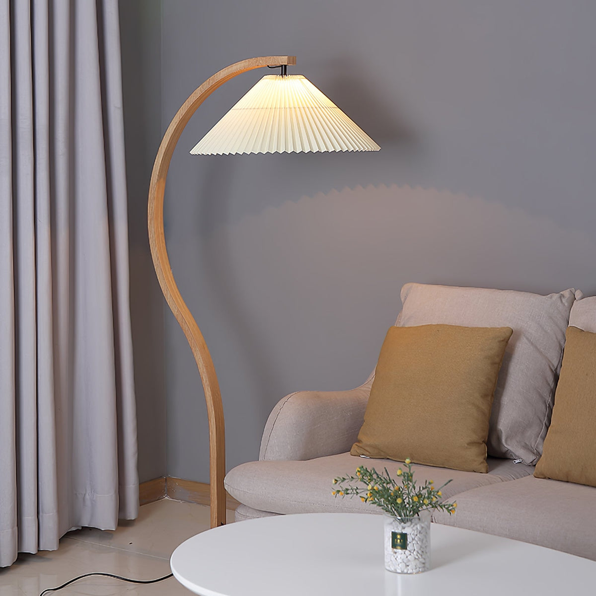 Arbora | Arc Floor Lamp with Beech Wood and Pleated Shade | Plug In Lamp for Living Room