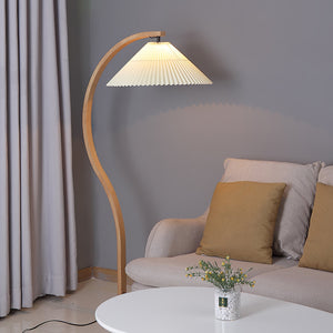 Arbora | Arc Floor Lamp with Beech Wood and Pleated Shade | Plug In Lamp for Living Room