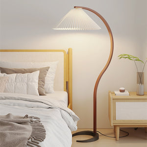 Arbora | Arc Floor Lamp with Beech Wood and Pleated Shade | Plug In Lamp for Living Room