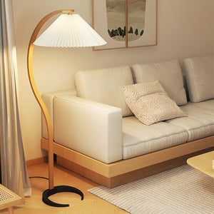 Arbora | Arc Floor Lamp with Beech Wood and Pleated Shade | Plug In Lamp for Living Room