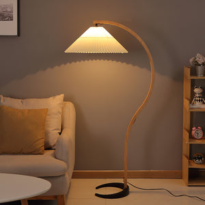 Arbora | Arc Floor Lamp with Beech Wood and Pleated Shade | Plug In Lamp for Living Room