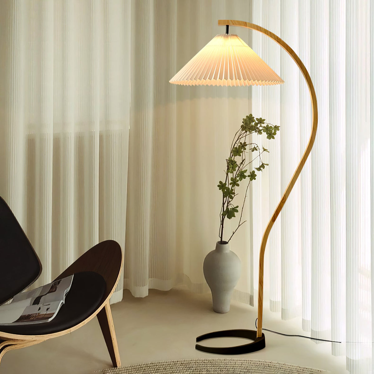 Arbora | Arc Floor Lamp with Beech Wood and Pleated Shade | Plug In Lamp for Living Room