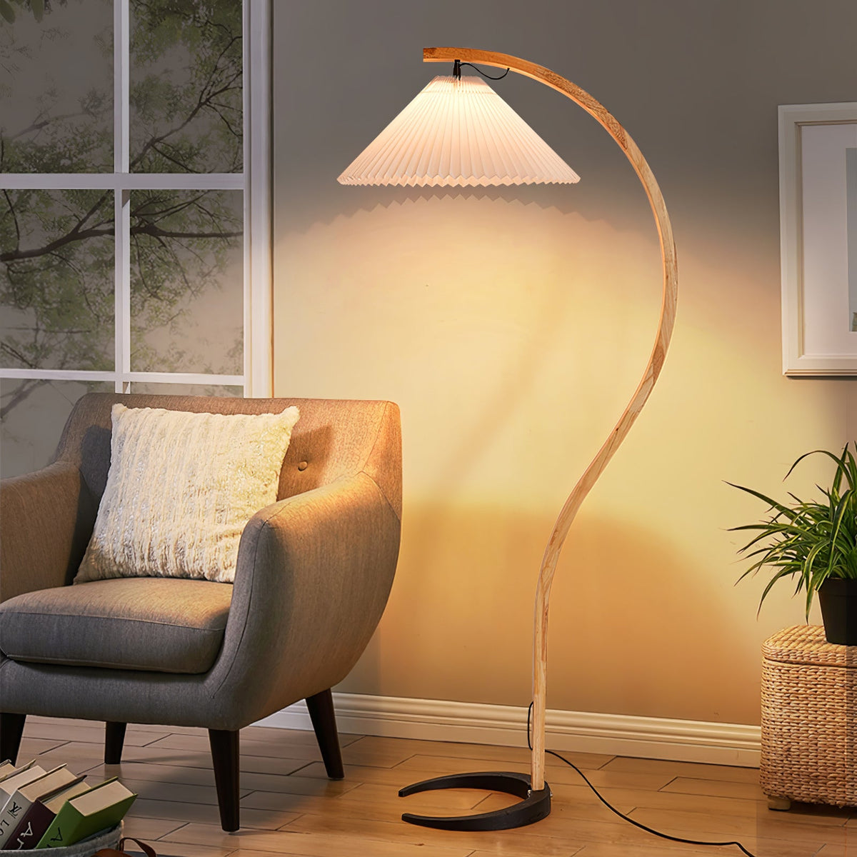 Arbora | Arc Floor Lamp with Beech Wood and Pleated Shade | Plug In Lamp for Living Room