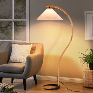 Arbora | Arc Floor Lamp with Beech Wood and Pleated Shade | Plug In Lamp for Living Room
