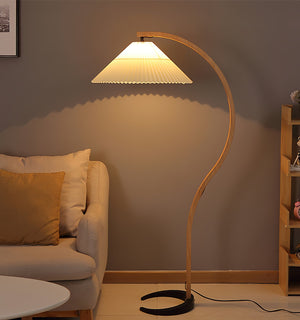 Arbora | Arc Floor Lamp with Beech Wood and Pleated Shade | Plug In Lamp for Living Room