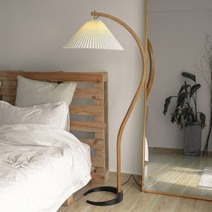 Arbora | Arc Floor Lamp with Beech Wood and Pleated Shade | Plug In Lamp for Living Room