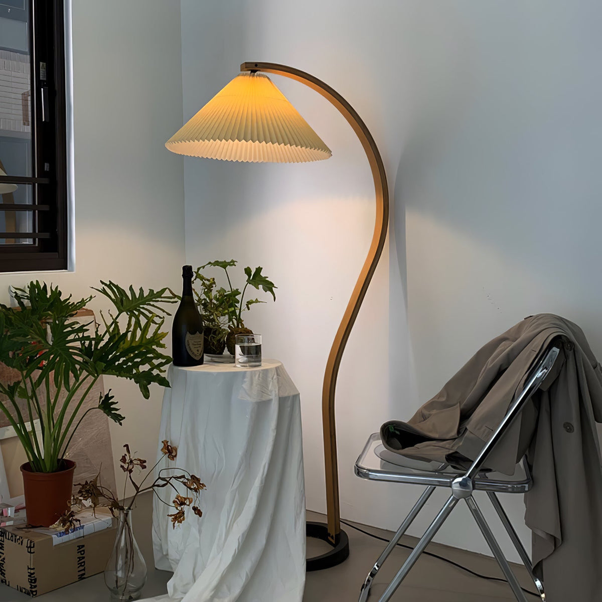 Arbora | Arc Floor Lamp with Beech Wood and Pleated Shade | Plug In Lamp for Living Room