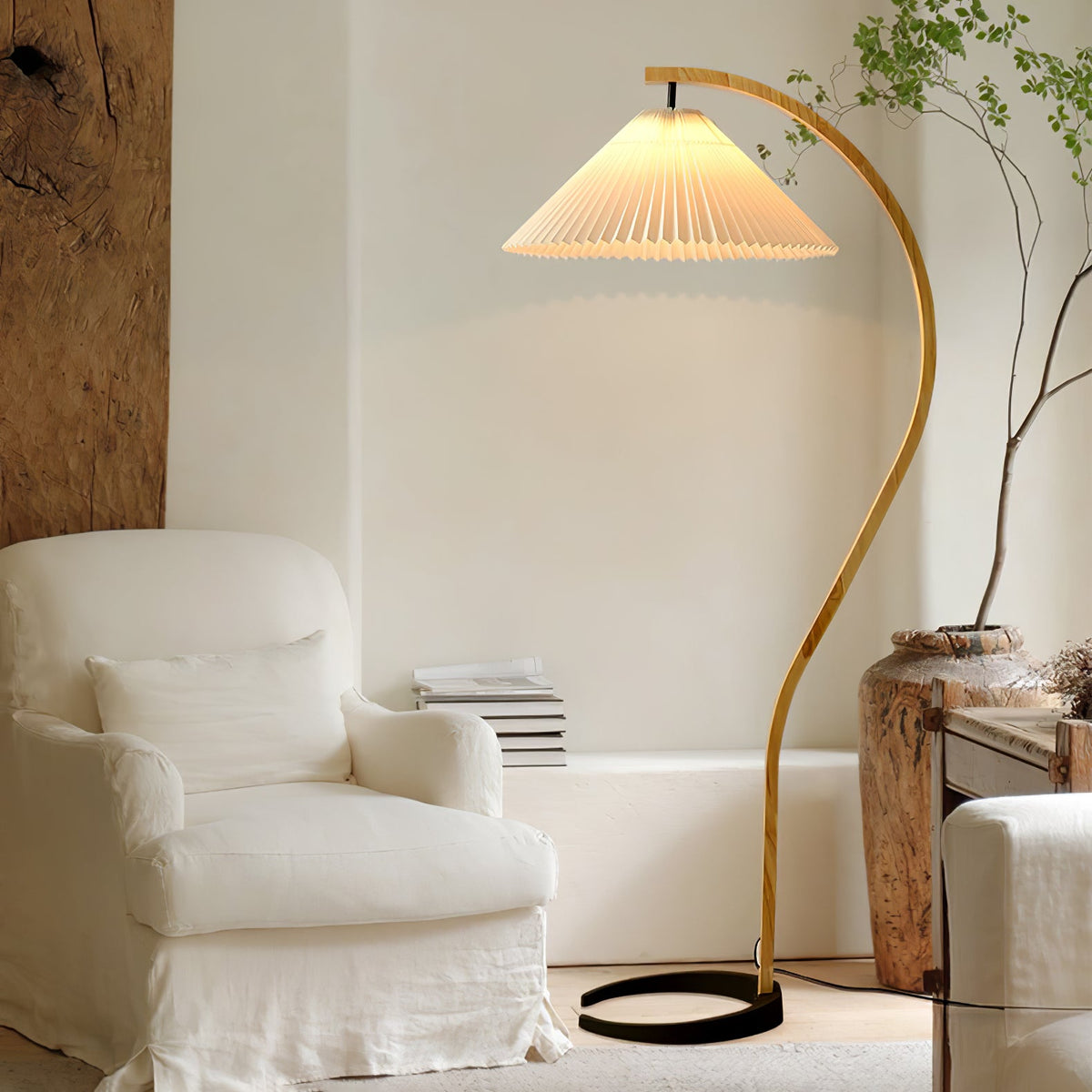 Arbora | Arc Floor Lamp with Beech Wood and Pleated Shade | Plug In Lamp for Living Room