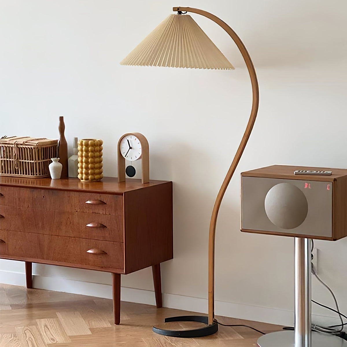 Arbora | Arc Floor Lamp with Beech Wood and Pleated Shade | Plug In Lamp for Living Room