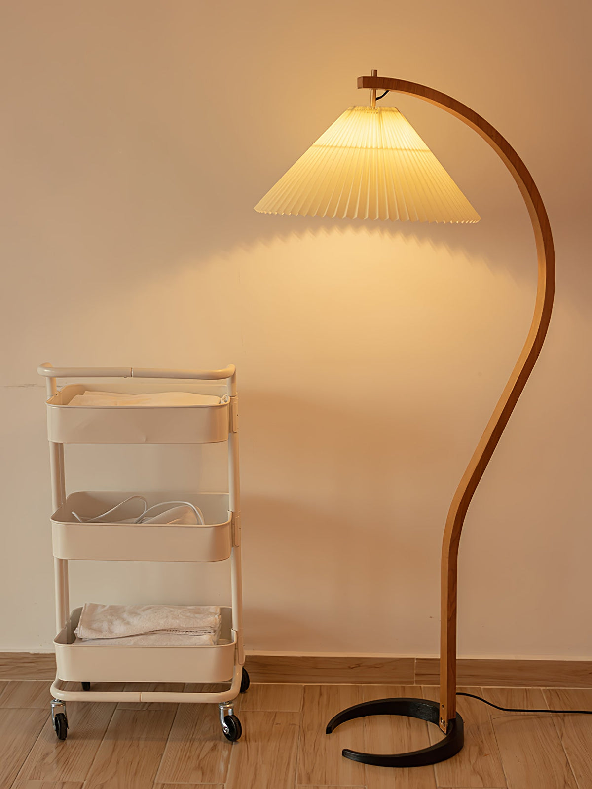 Arbora | Arc Floor Lamp with Beech Wood and Pleated Shade | Plug In Lamp for Living Room